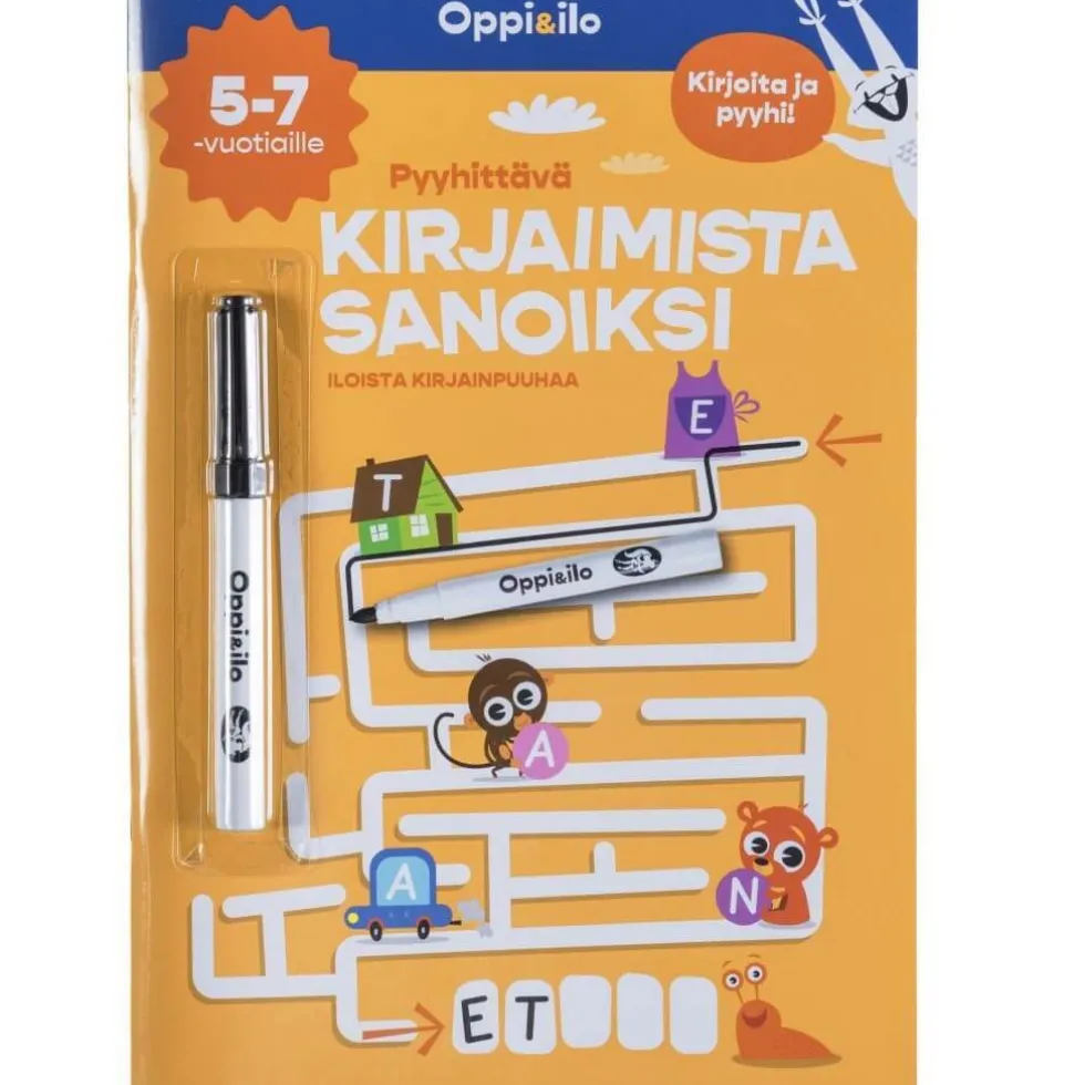 Oppi&ilo Pyyhittävä Kirjaimista sanoiksi -puuhakirja 5-7v